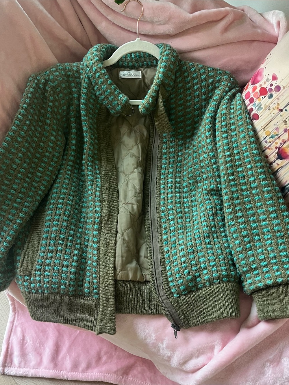 GorGeous Vintage Bomber Jacket Teal & Gray women size small pockets zipper Fall - Picture 5 of 15